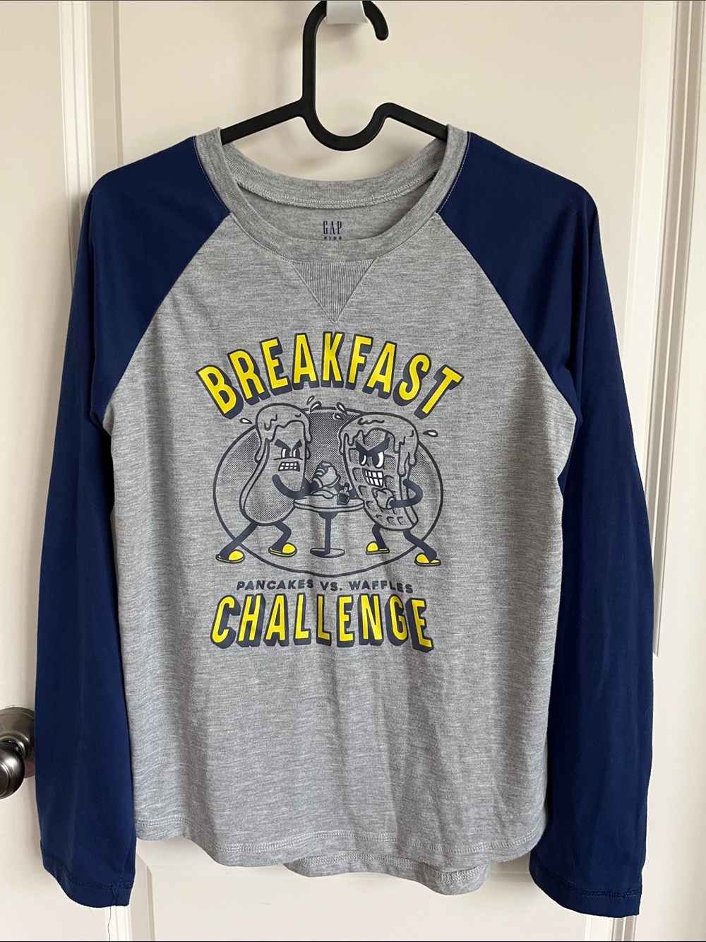 GAP Kids Gray Raglan Long Sleeve Shirt with Navy Sleeves & Yellow Graphic